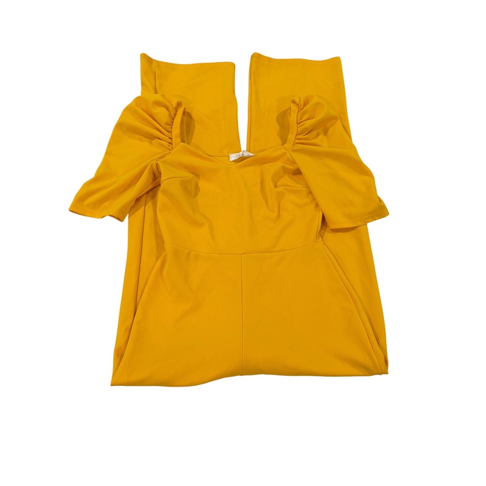 Brece Mustard Yellow Puff Sleeve Wide Leg Jumpsuit Romper with Belt Small